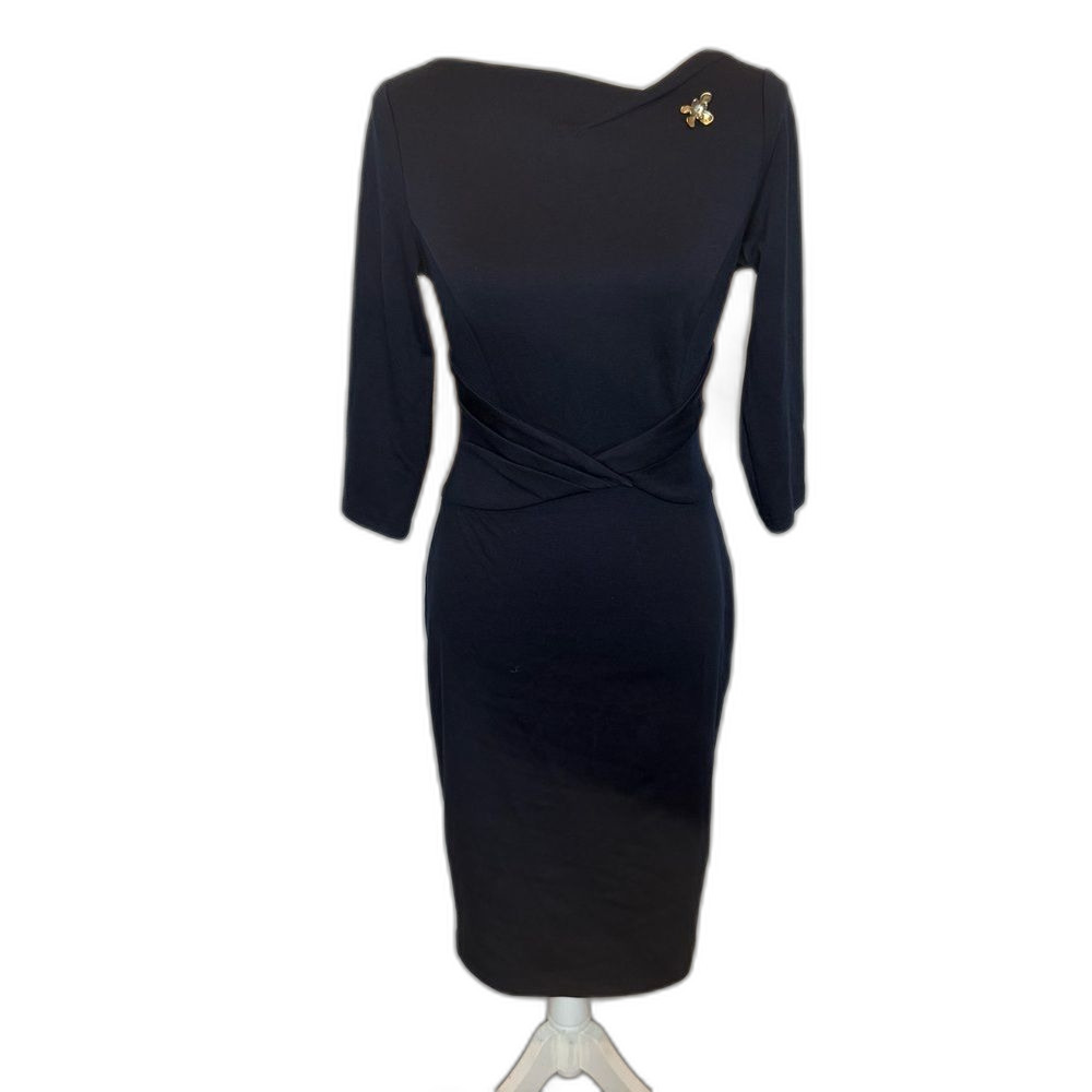 NWT VFSHOW Retro Navy 3/4 Sleeve Sheath Dress Size S Brooch Feminine